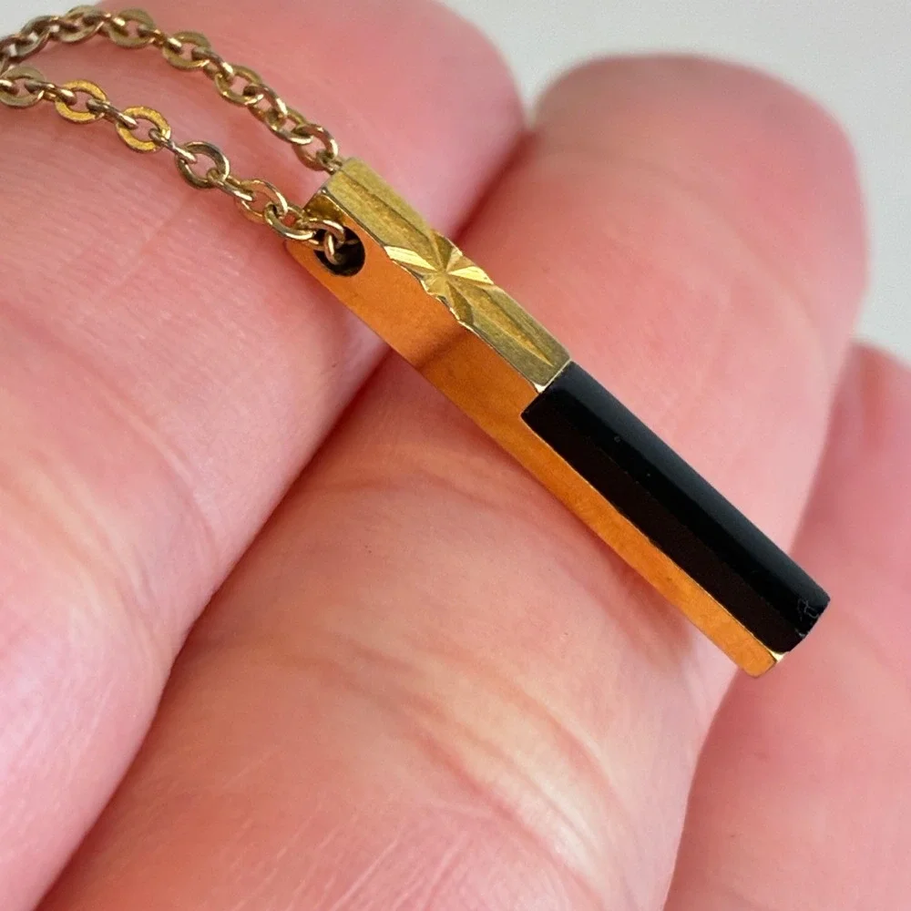 Vintage Gold Tone Necklace Black Bar Starburst Etched Pendant Mid Century Dainty